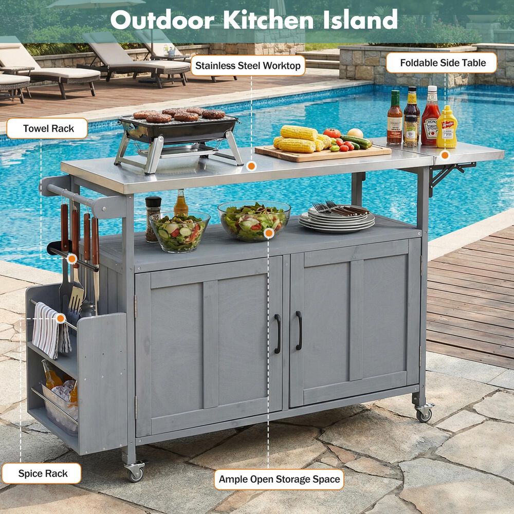 Hearth and Haven Outdoor Kitchen Island Cart with Adjustable Shelves and Stainless Steel Top in Gray, , large