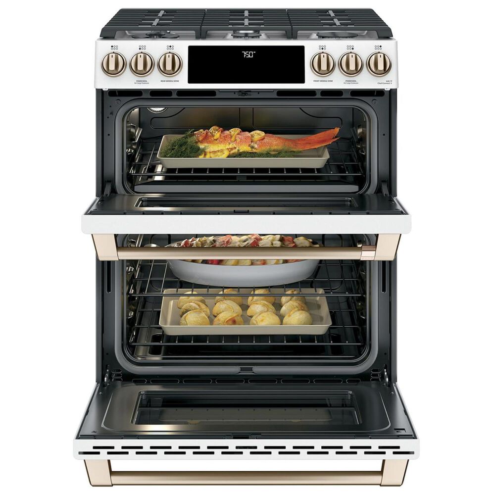 Cafe 30&quot; Slide-In Gas Double Oven with Convection Range in Matte White with Brushed Bronze Handle, , large