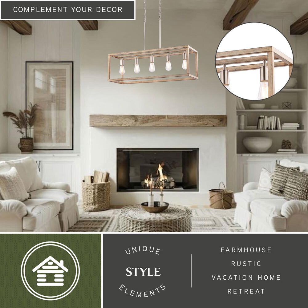 Vaxcel Pratt 5-Light Linear Chandelier in Satin Nickel and Light Oak, , large