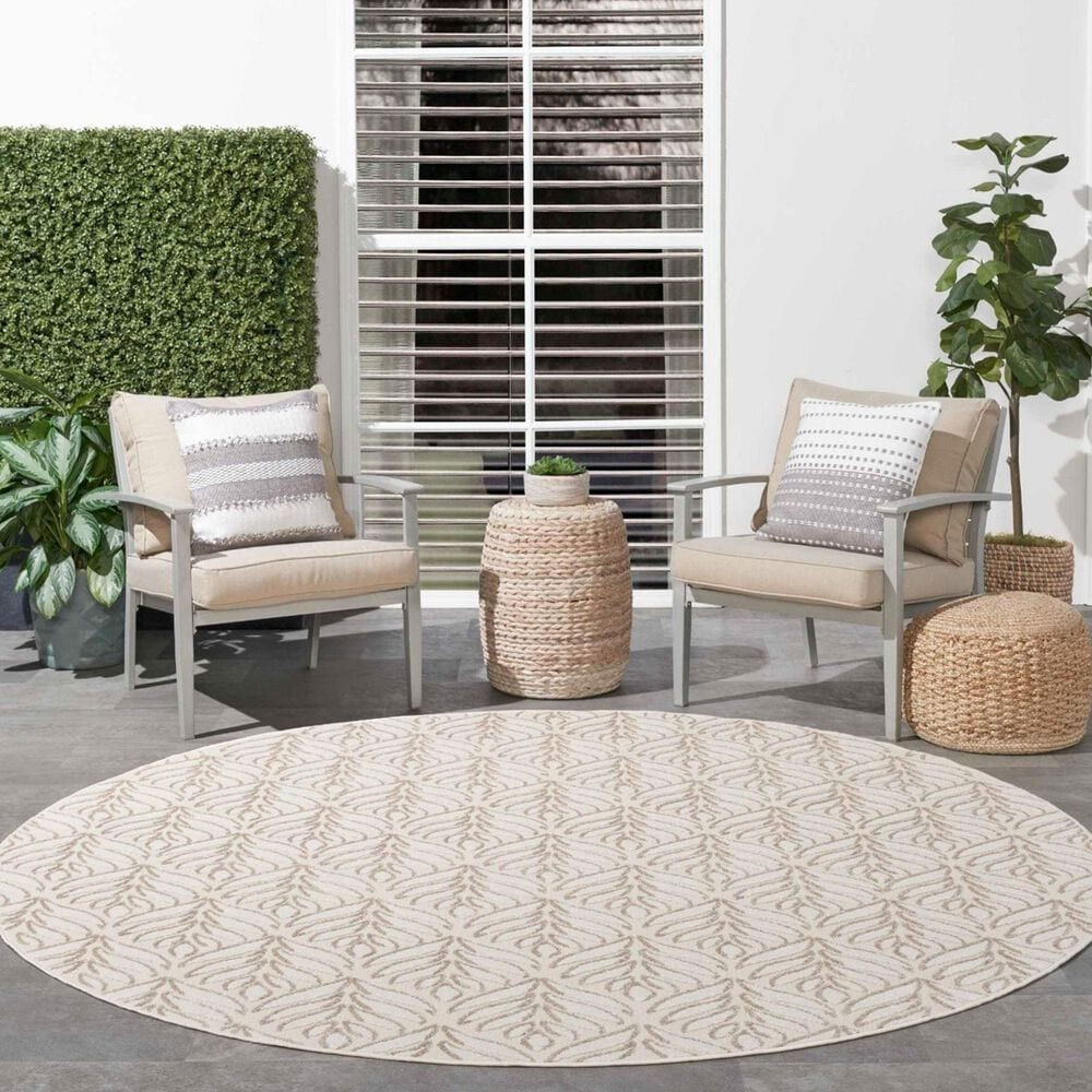 Nourison Aloha Floral 7&#39;10&quot; Round Ivory and Grey Indoor/Outdoor Area Rug, , large