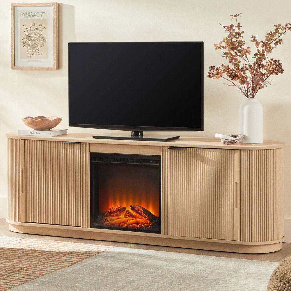 Walker Edison Chloe 70&quot; TV Stand with Freestanding Electric Fireplace in Coastal Oak, , large