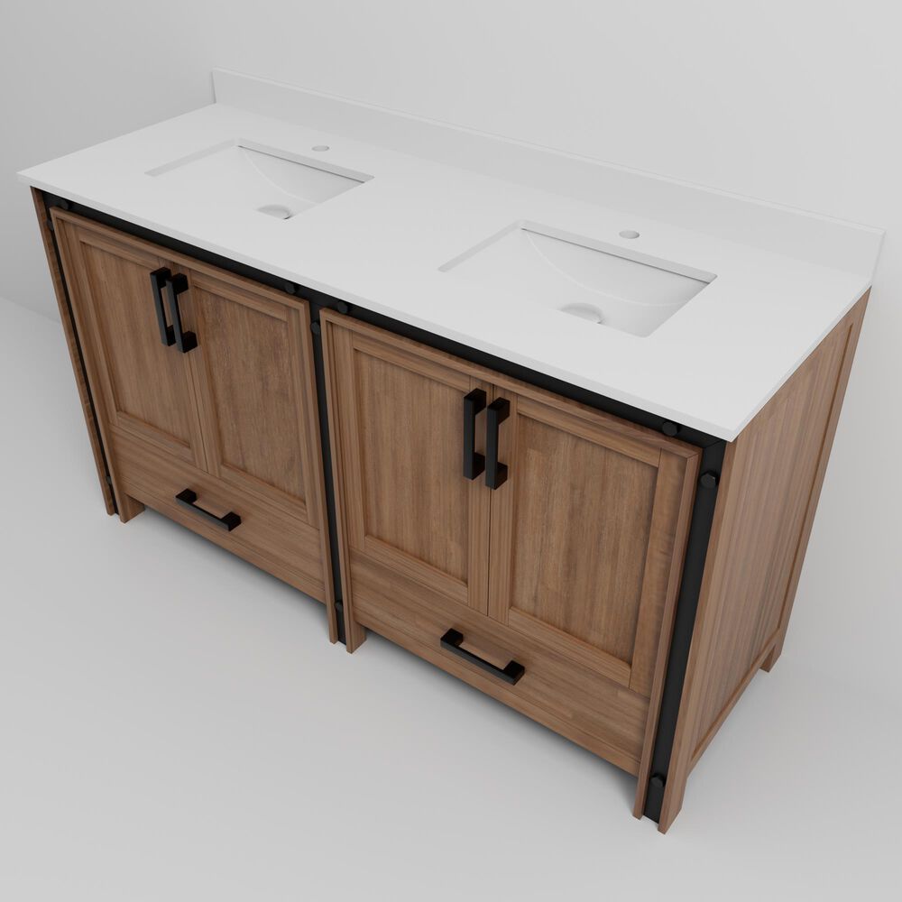 Lexora Home Ziva 60&quot; Double Bathroom Vanity in Rustic Barnwood with 2 cm White Cultured Marble Top and Rectangular Sinks, , large