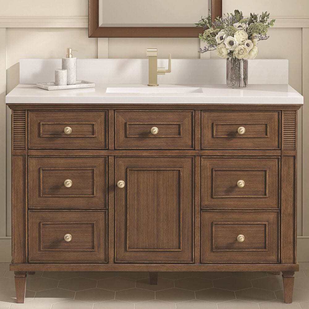 James Martin Vanities Lorelai 48&quot; Single Vanity in Mid-Century Walnut with Single Hole and 3 CM White Zeus Quartz Top &amp; Backsplash, , large
