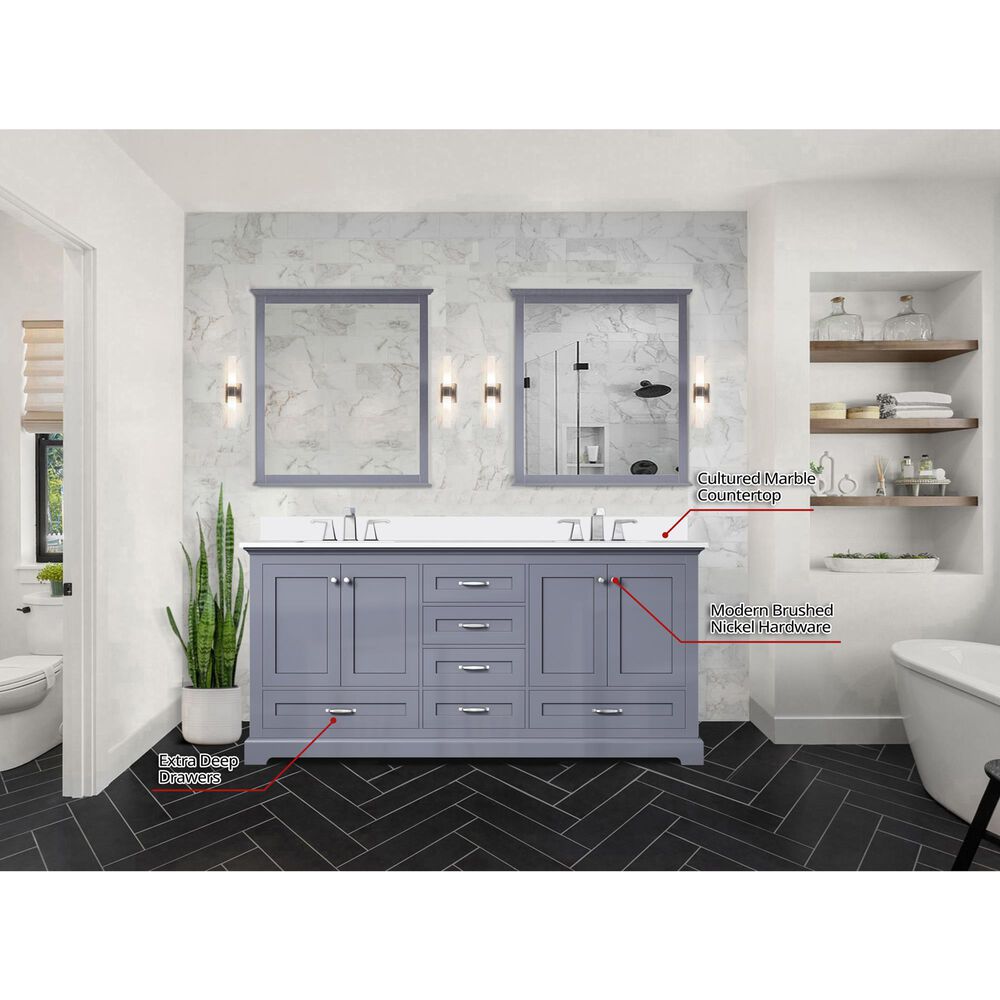 Lexora Home Dukes 72&quot; Double Bathroom Vanity in Dark Grey with 2 cm White Cultured Marble Top and Rectangular Sinks, , large