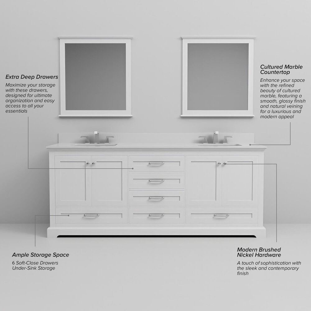 Lexora Home Dukes 80" Double Bathroom Vanity in White with 2 cm White Cultured Marble Top and Rectangular Sinks, , large