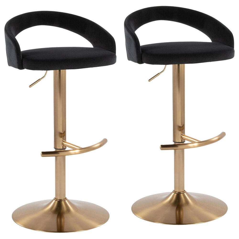 LumiSource Grotto Adjustable Bar Stool with Black Velvet Upholstery in Gold (Set of 2), , large