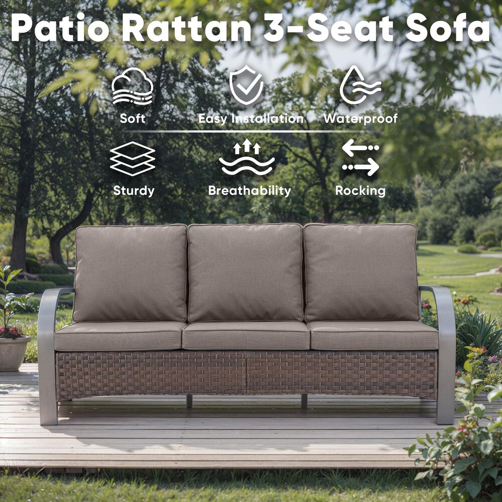 Sunwell Garden 3-Seater Patio Sofa with Curved Armrests in Gray, , large