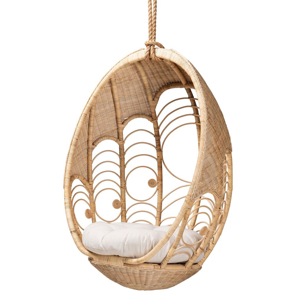 Baxton Studio Umika Patio Hanging Chair with Natural Brown Rattan in White, , large