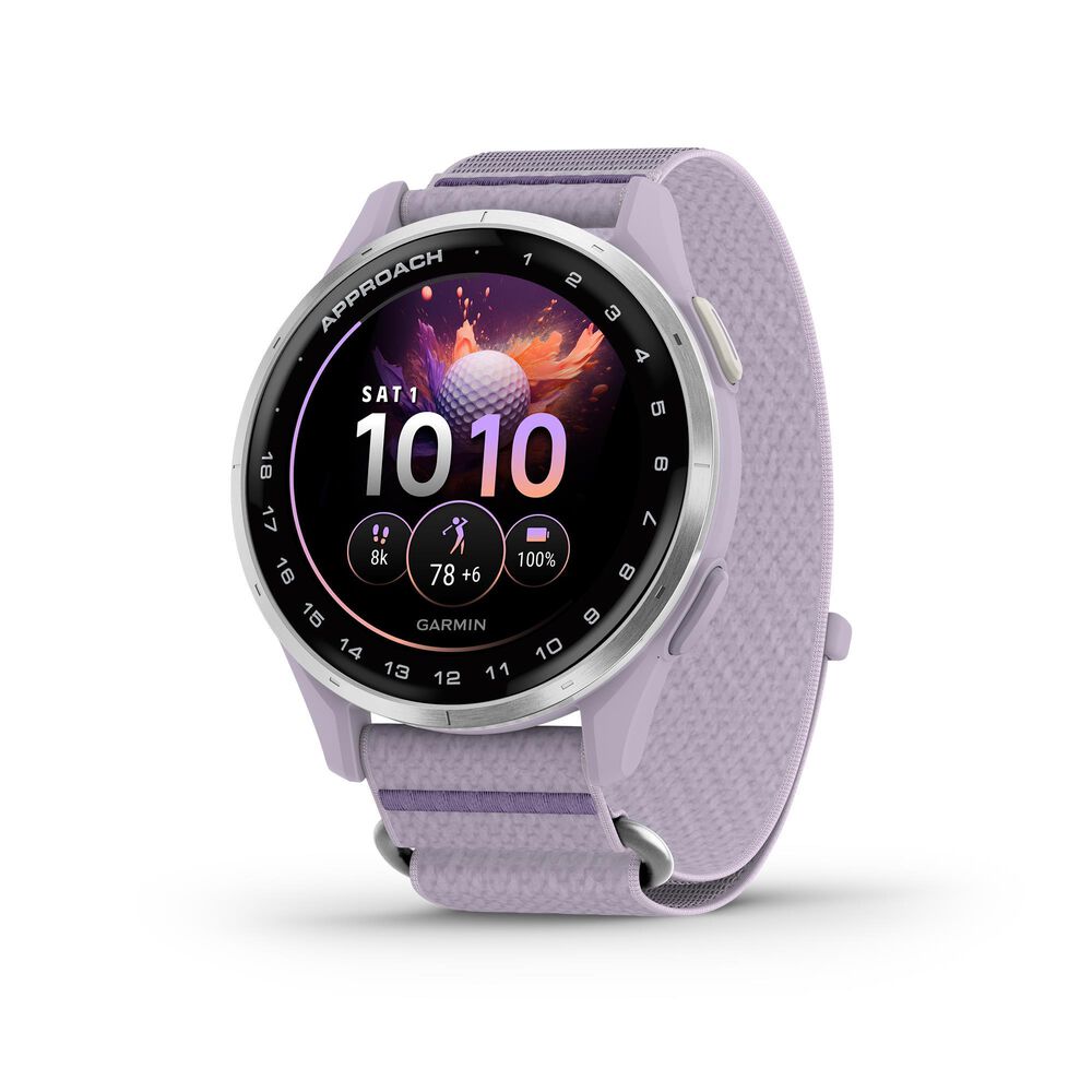 Garmin Approach J1 43mm Junior Golf GPS Smartwatch in Silver Aluminum Bezel with Lilac ComfortFit Fabric Band, , large