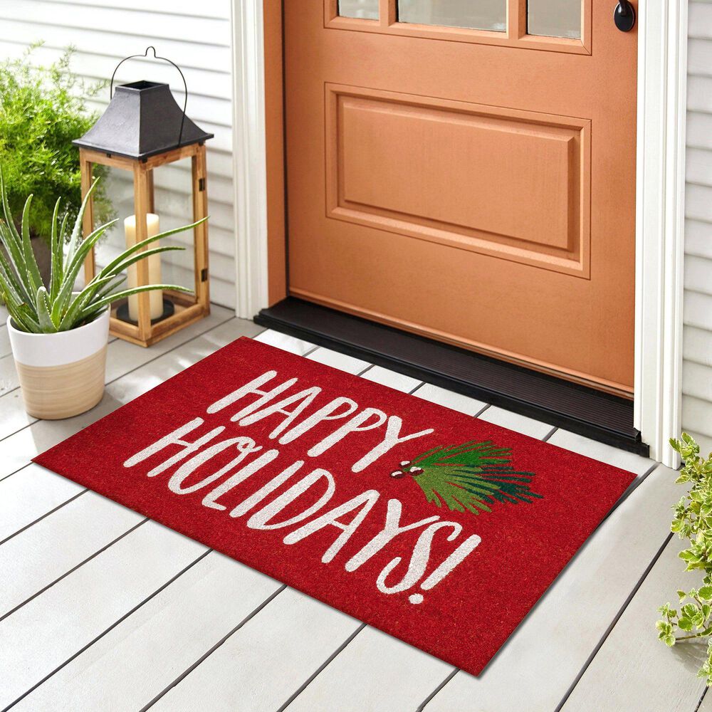 Trans-Ocean Import Natura Happy Holidays Holly 1'6" x 2'6" Red Outdoor Door Mat, , large