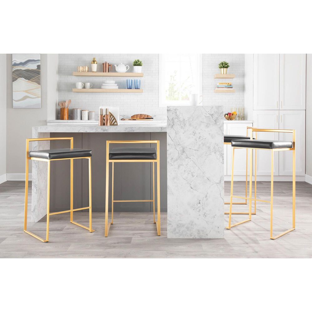 LumiSource Fuji 26" Stacker Counter Stool with Black Upholstery in Gold (Set of 2), , large