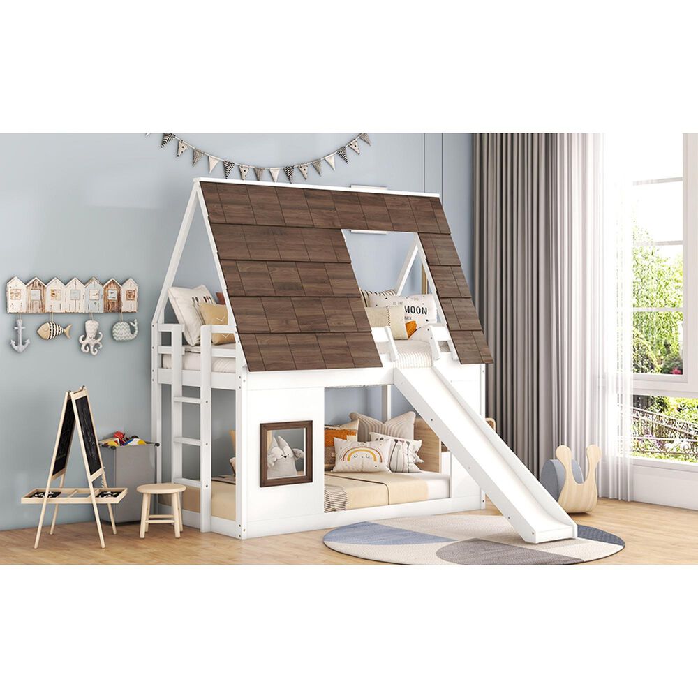 Hearth and Haven Twin over Twin House Bunk Bed with Roof in White and Brown, , large