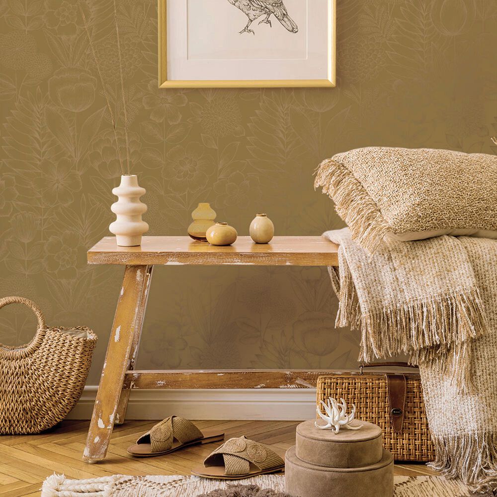 Tempaper Homestead Floral 198&quot; x 20.5&quot; Peel and Stick Wallpaper in Metallic Marigold, , large