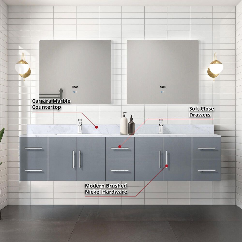 Lexora Home Geneva 84&quot; Double Bathroom Vanity in Dark Grey with 2 cm White Carrara Marble Top and Rectangular Sinks, , large