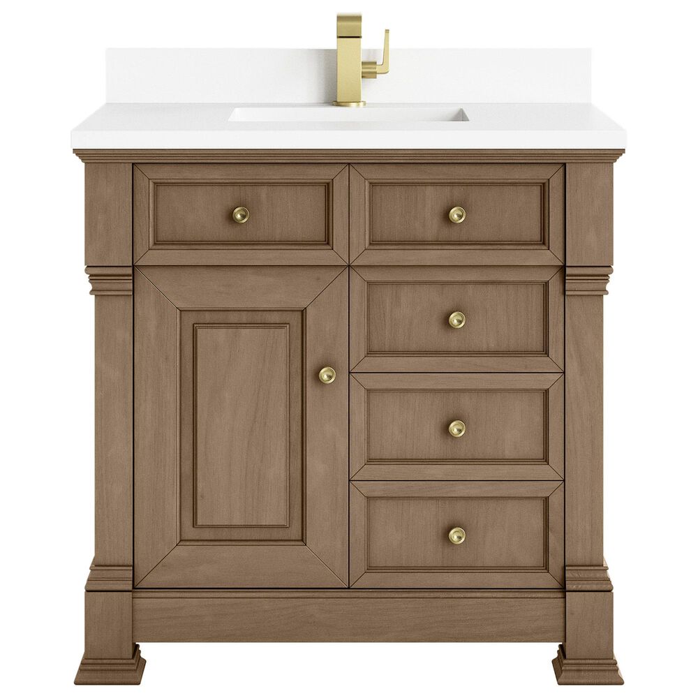 James Martin Vanities Brookfield 36&quot; Single Bathroom Vanity in Pecan with Single Hole 3 cm White Zeus Quartz Top and Rectangular Sink, , large