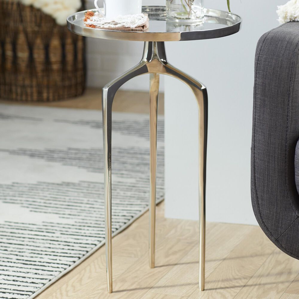 Maple and Jade 25&quot; Round End Table with 3 Tripod Legs in Polished Silver, , large