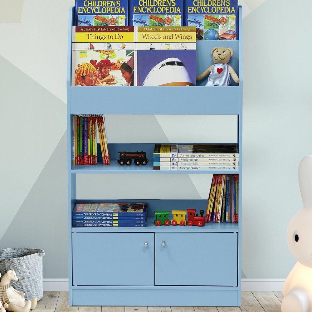 HOMLUX 4-Tier Space Saving Bookshelf with Storage Cabinet and Door in Light Blue, , large