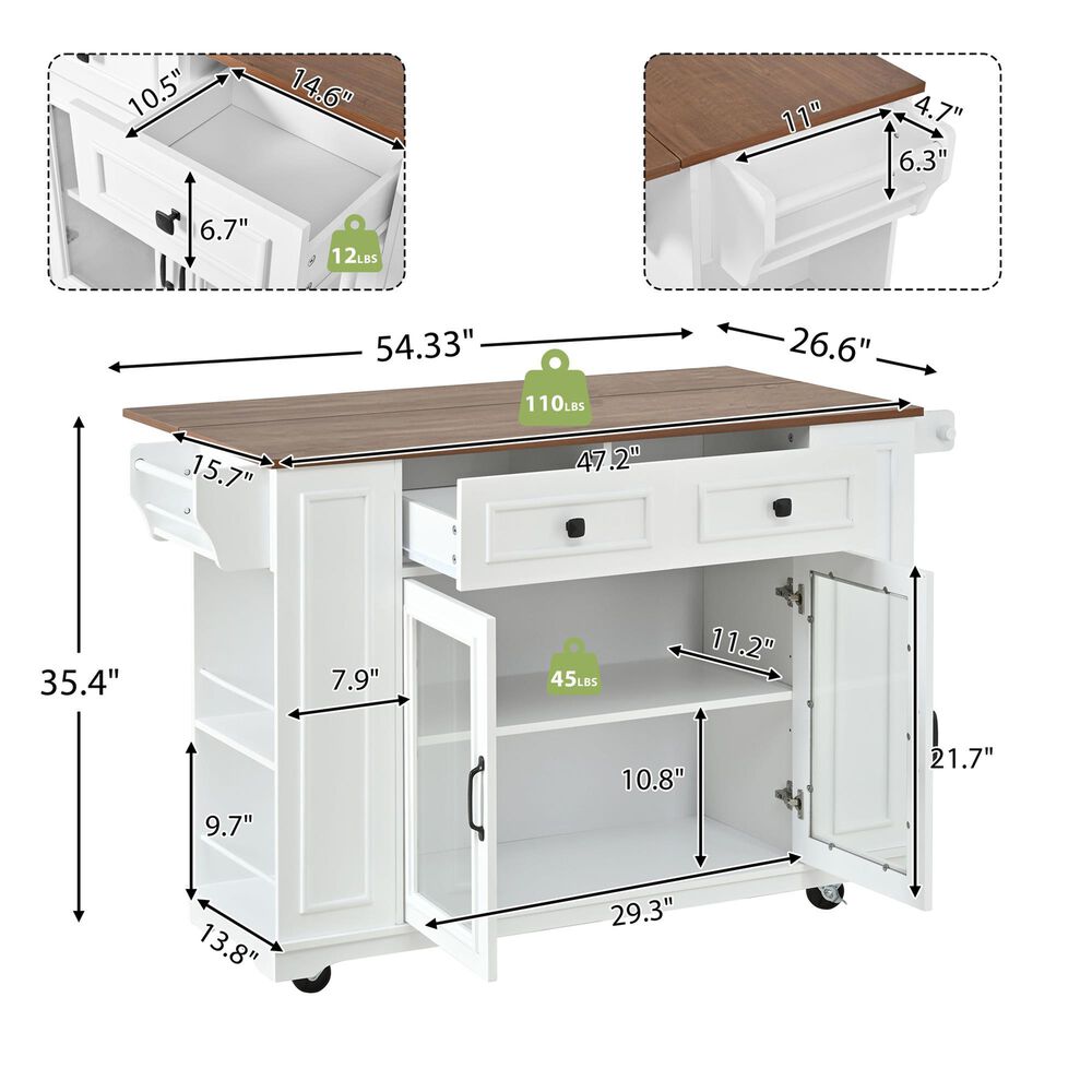 HOMLUX 54" Mobile Kitchen Island with Glass Door Storage in Walnut and White, , large