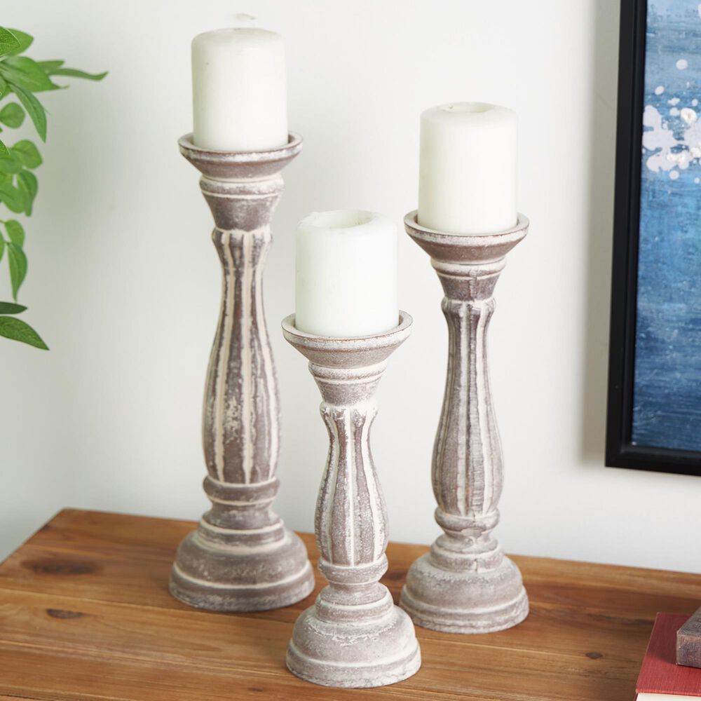 Maple and Jade Turned Pillar Decorative Candle Holder in Washed Brown &#40;Set of 3&#41;, , large