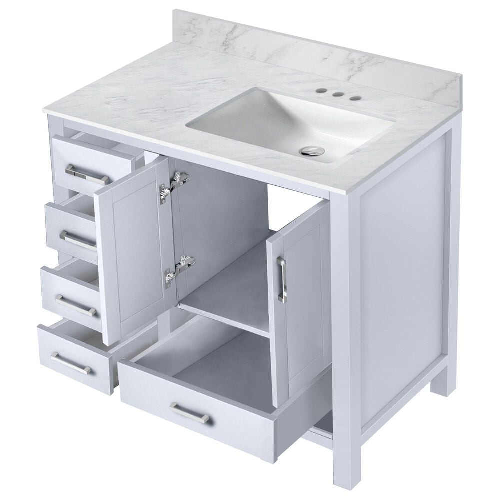 Lexora Home Jacques 36&quot; Right Offset Single Bathroom Vanity in White with 2 cm White Carrara Marble Top and Rectangular Sink, , large