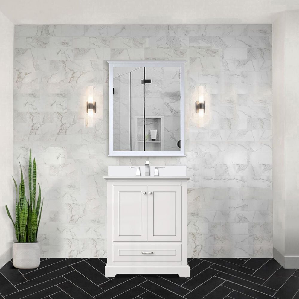 Lexora Home Dukes 30&quot; Single Bathroom Vanity in White with 2 cm White Cultured Marble Top and Rectangular Sink, , large
