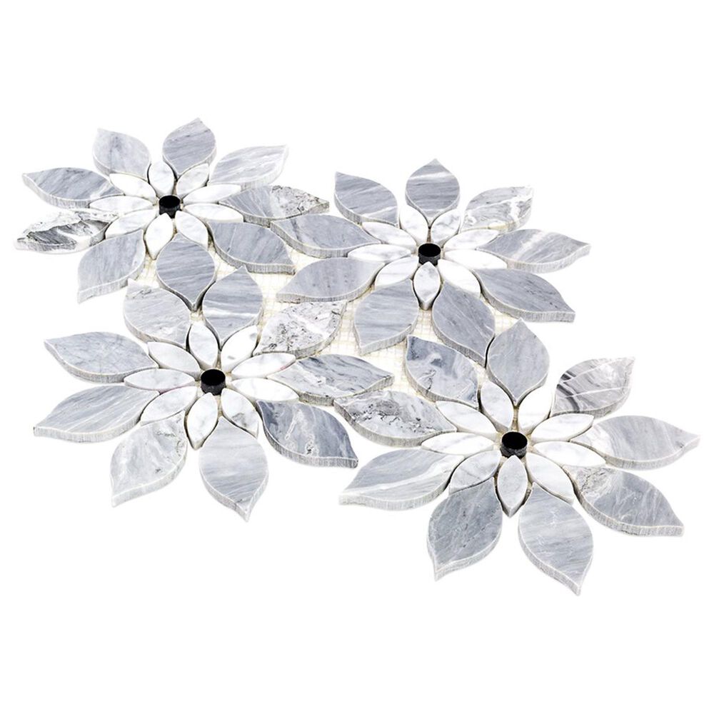 Soho Studio MJ Rain Flower Bardiglio Nouvelato, White Carrara and Black Jade Dot 12.4" x 14.13" Marble Mosaic Sheet, , large