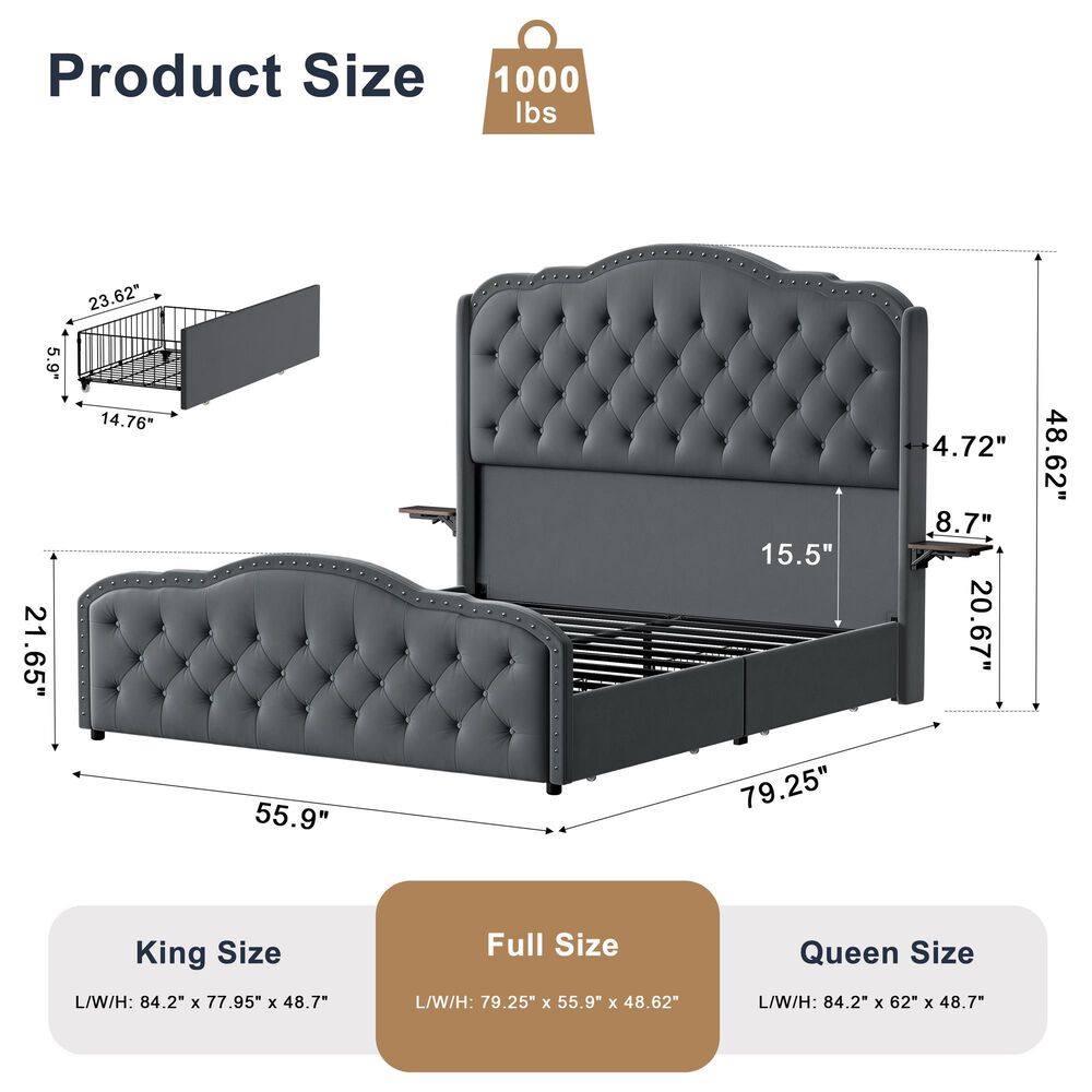 HOMLUX Full Upholstered Platform Storage Bed Frame with Headboard in Gray, , large