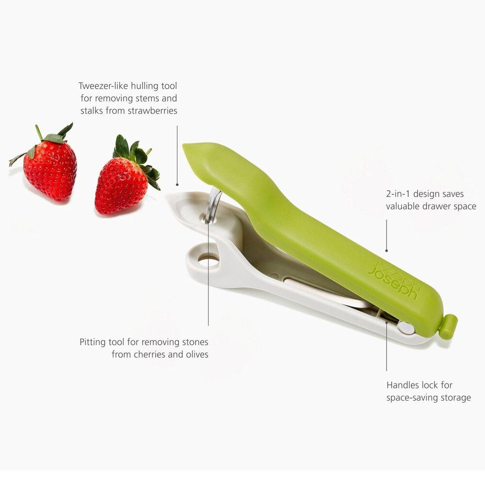 Joseph Joseph Tweezy 2-in-1 Pitter and Huller Tool in White and Green, , large