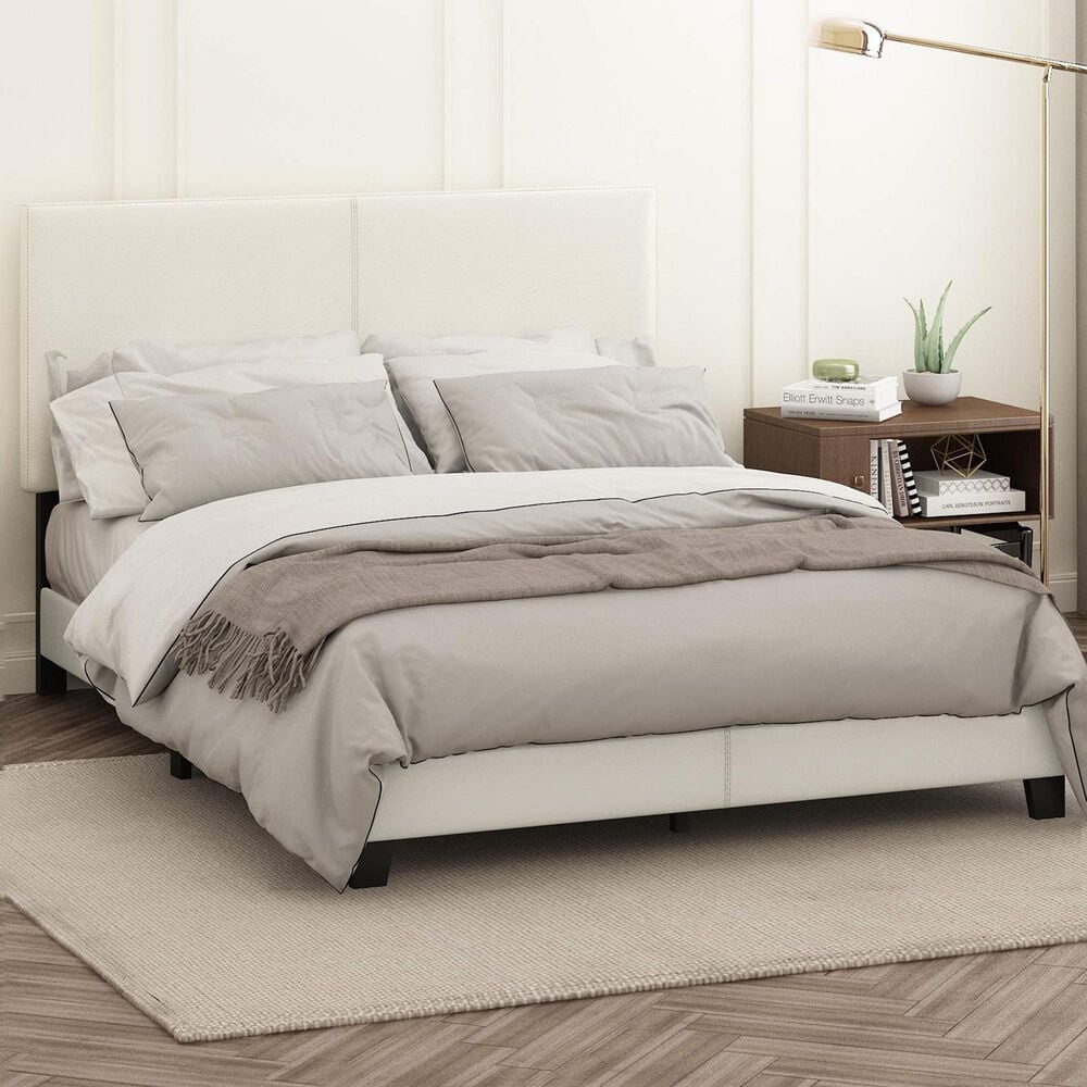HOMLUX Pessac Twin PU Leather Upholstered Panel Bed Frame in White, , large