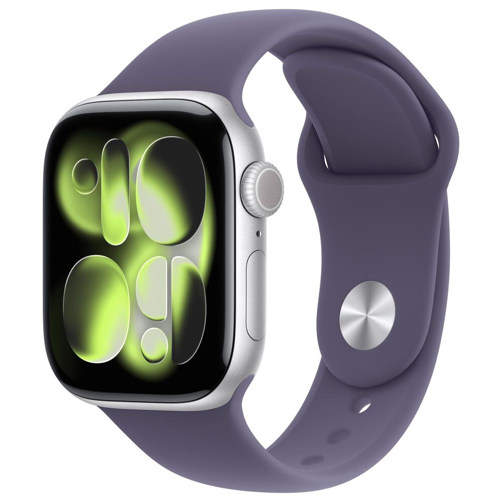 Apple Watch Series 11 (GPS+Cellular) 42mm Aluminum Case with Purple Fog - M/L Sport Band in Silver and 2-Year AppleCare+, , large