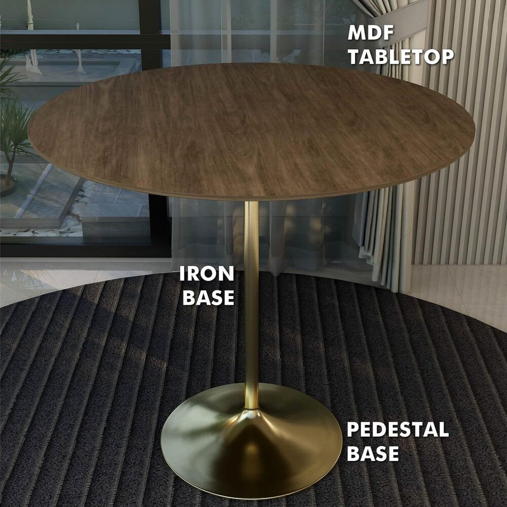 Leisuremod LeisureMod Verve Collection Modern Bar Height Table Brushed Gold Base with 48 Round Dark Walnut MDF Top, , large