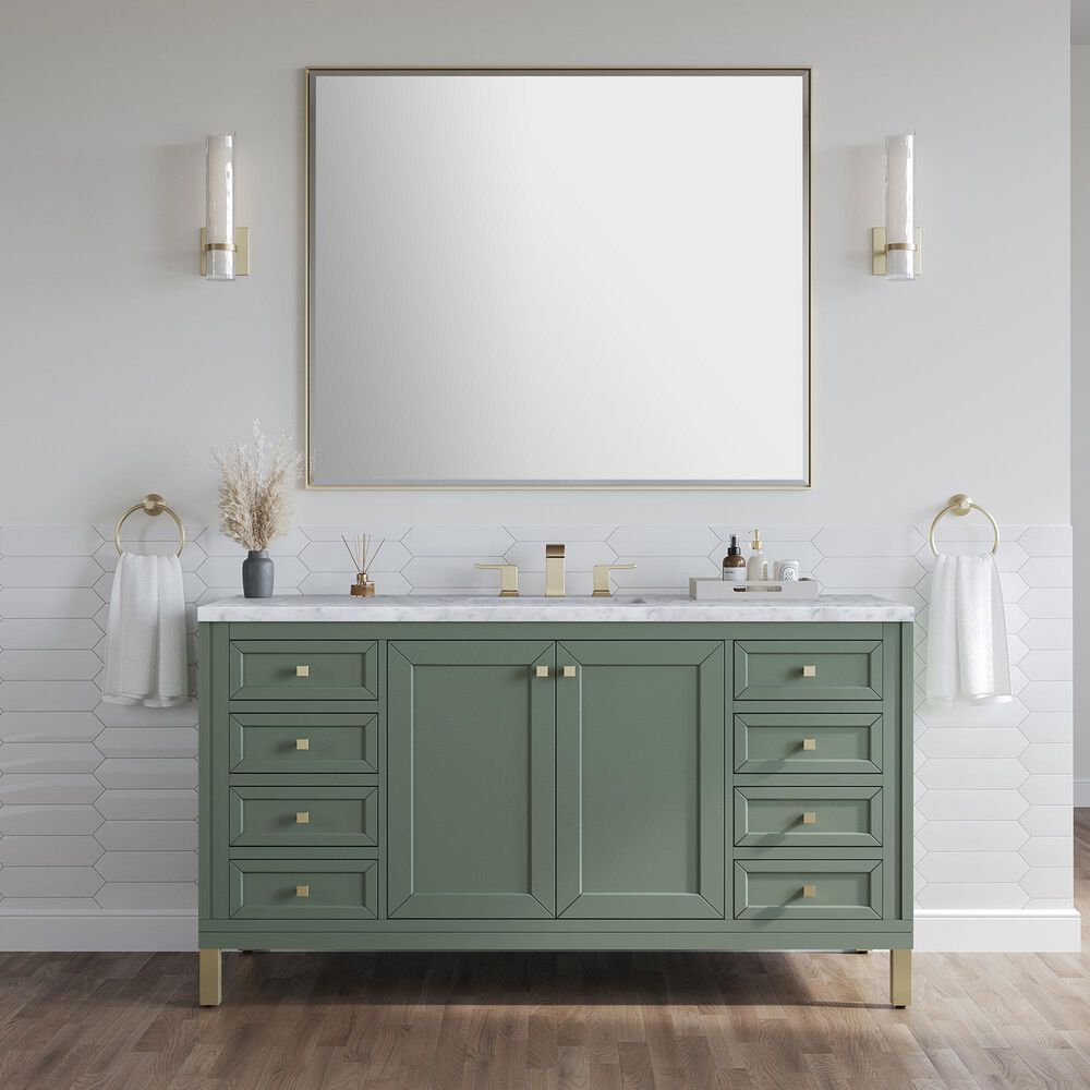 James Martin Vanities Chicago 60&quot; Single Bathroom Vanity in Smokey Celadon with 3 cm Carrara White Marble Top and Rectangular Sink, , large
