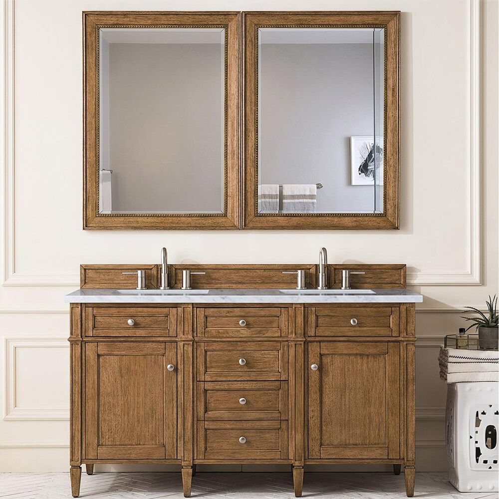 James Martin Vanities Brittany 60&quot; Double Bathroom Vanity in Saddle Brown with 3 cm Carrara White Marble Top and Rectangular Sinks, , large