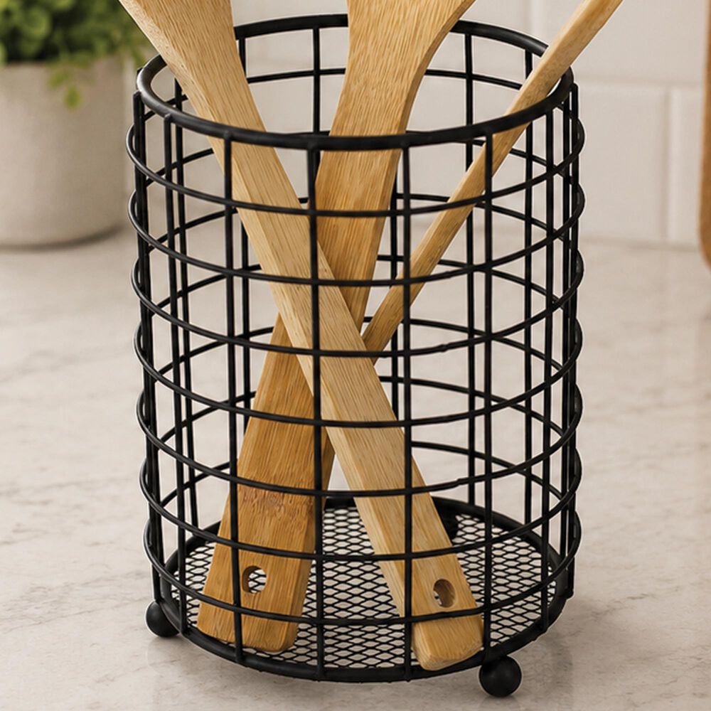 Home Basics Grid Cutlery Holder with Mesh Bottom in Black, , large