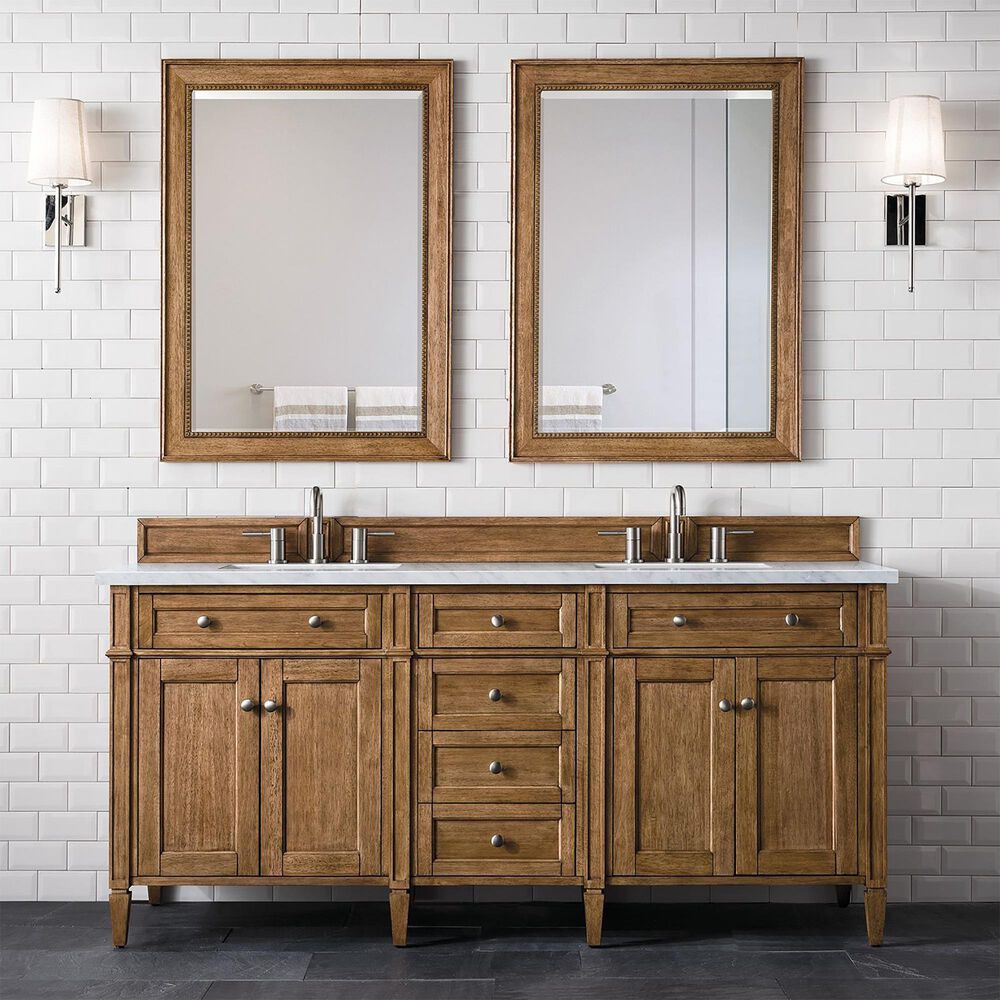 James Martin Vanities Brittany 72" Double Bathroom Vanity in Saddle Brown with 3 cm Eternal Jasmine Pearl Quartz Top and Rectangular Sink, , large