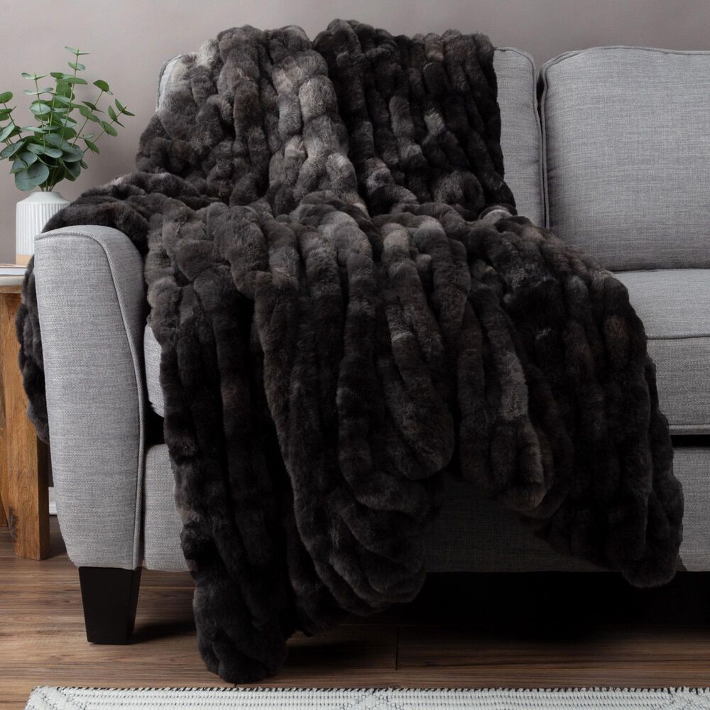 Timberlake 60" x 80" Ruched Faux Fur Throw Blanket in Black, , large
