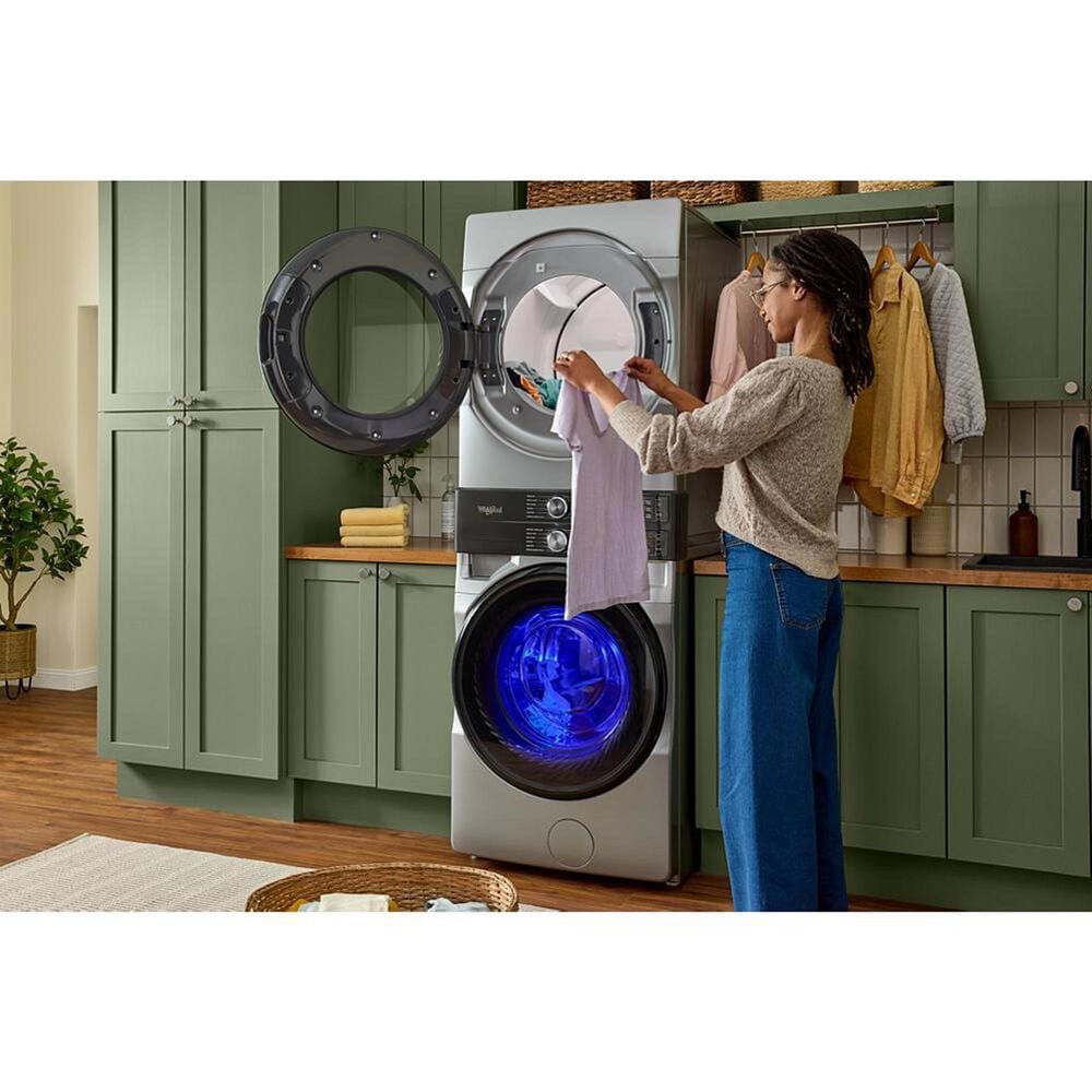 Whirlpool 4.5 Cu. Ft. Smart Front Load Washer and 7.4 Cu. Ft. Gas Dryer Stack Laundry in Radiant Silver, , large
