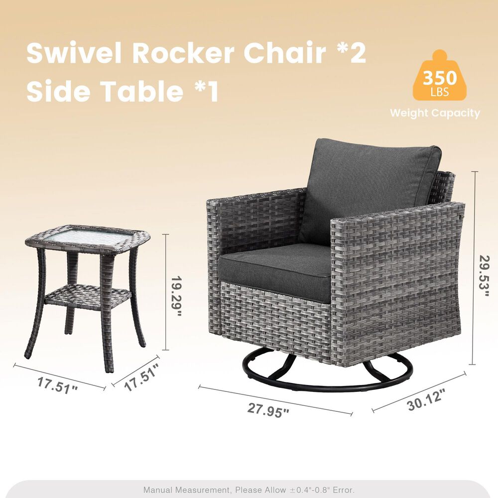 HOMLUX 3-Piece Patio Conversation Set with Square-Arm Swivel Rocking Chairs in Black, , large