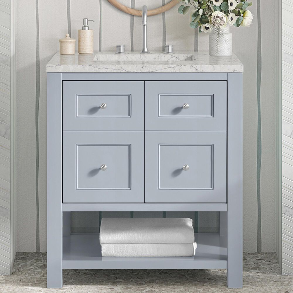 James Martin Vanities Breckenridge 30&quot; Single Bathroom Vanity in Serenity Blue with 3 cm Eternal Jasmine Pearl Quartz Top and Rectangular Sink, , large