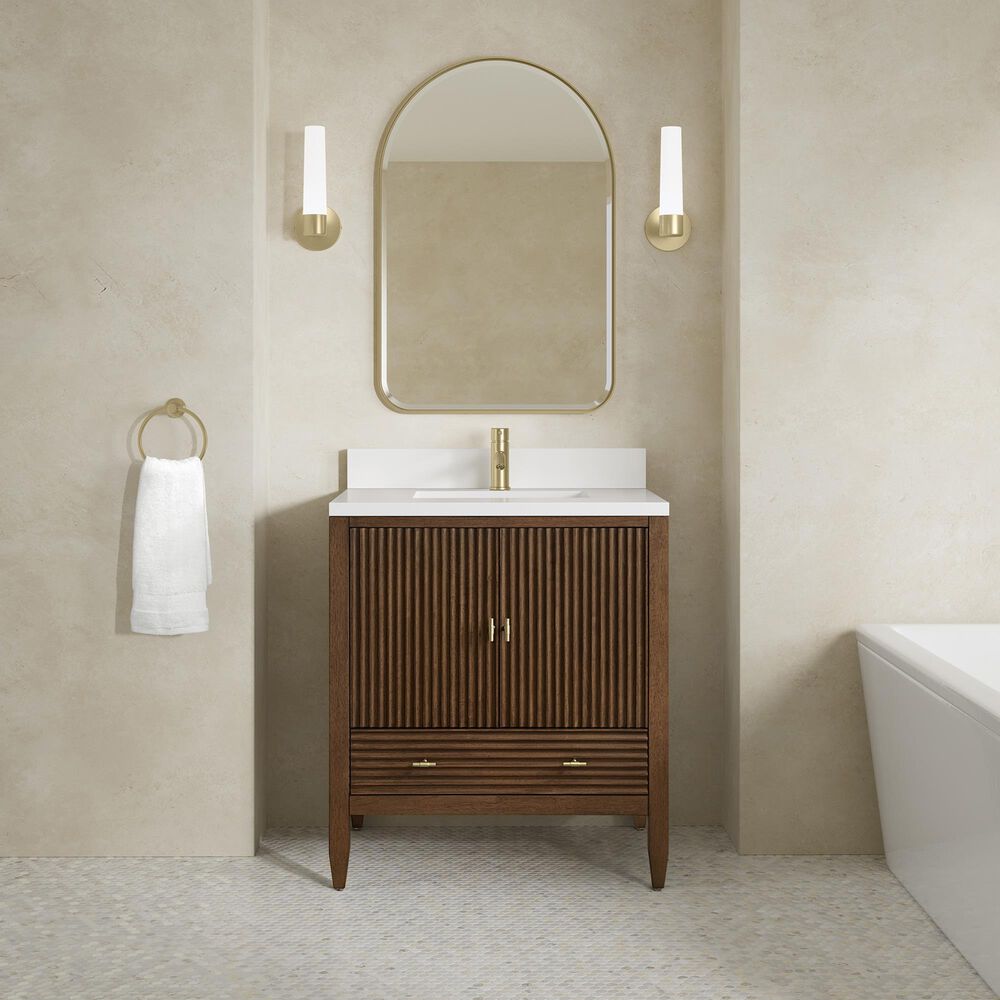 James Martin Myrrin 30" Single Bathroom Vanity in Mid-Century Walnut with Single Hole 3 cm White Zeus Silestone Top and Rectangular Sink, , large