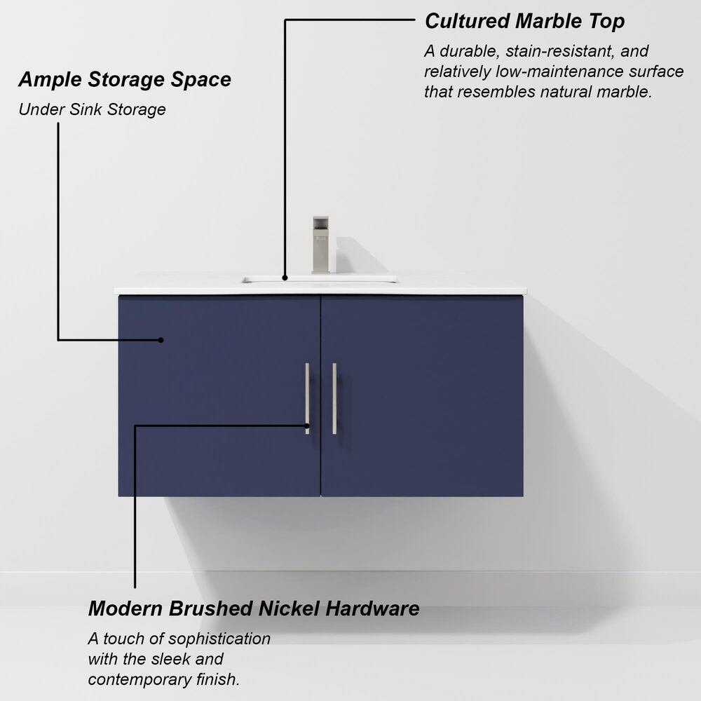 Lexora Home Geneva 36" Single Bathroom Vanity in Navy Blue with 2 cm White Cultured Marble Top and Rectangular Sink, , large