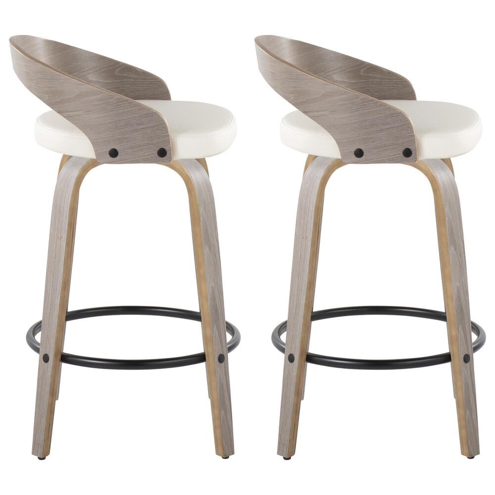 LumiSource Grotto 26" Swivel Counter Stool with White Faux Leather Upholstery in Light Grey and Black (Set of 2), , large