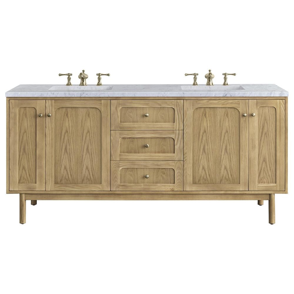 James Martin Vanities Laurent 72" Double Bathroom Vanity in Light Natural Oak with 3 cm Carrara White Marble Top and Rectangular Sinks, , large