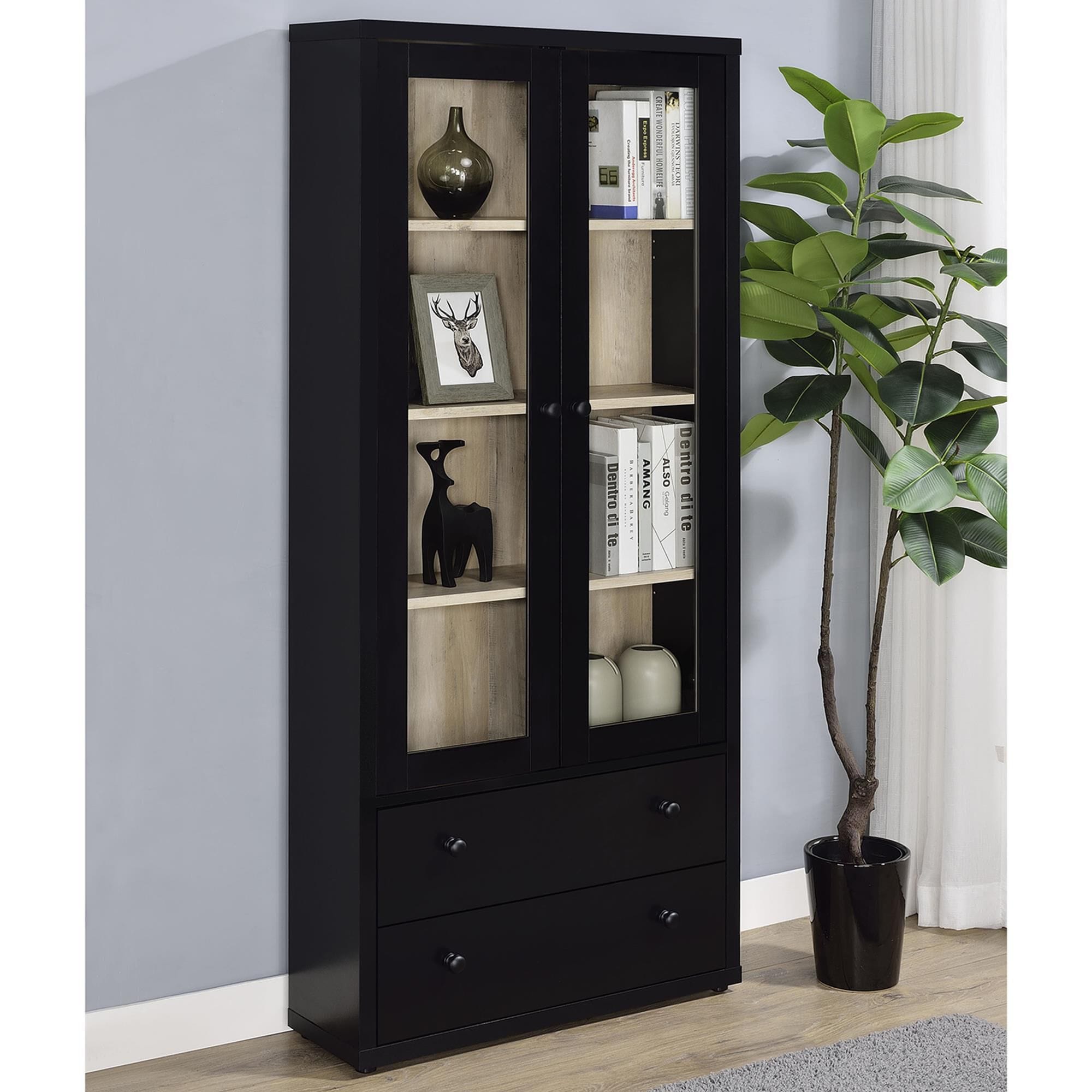 Coaster Hawthorne 4-Shelf Glass Door Tall Cabinet in Black