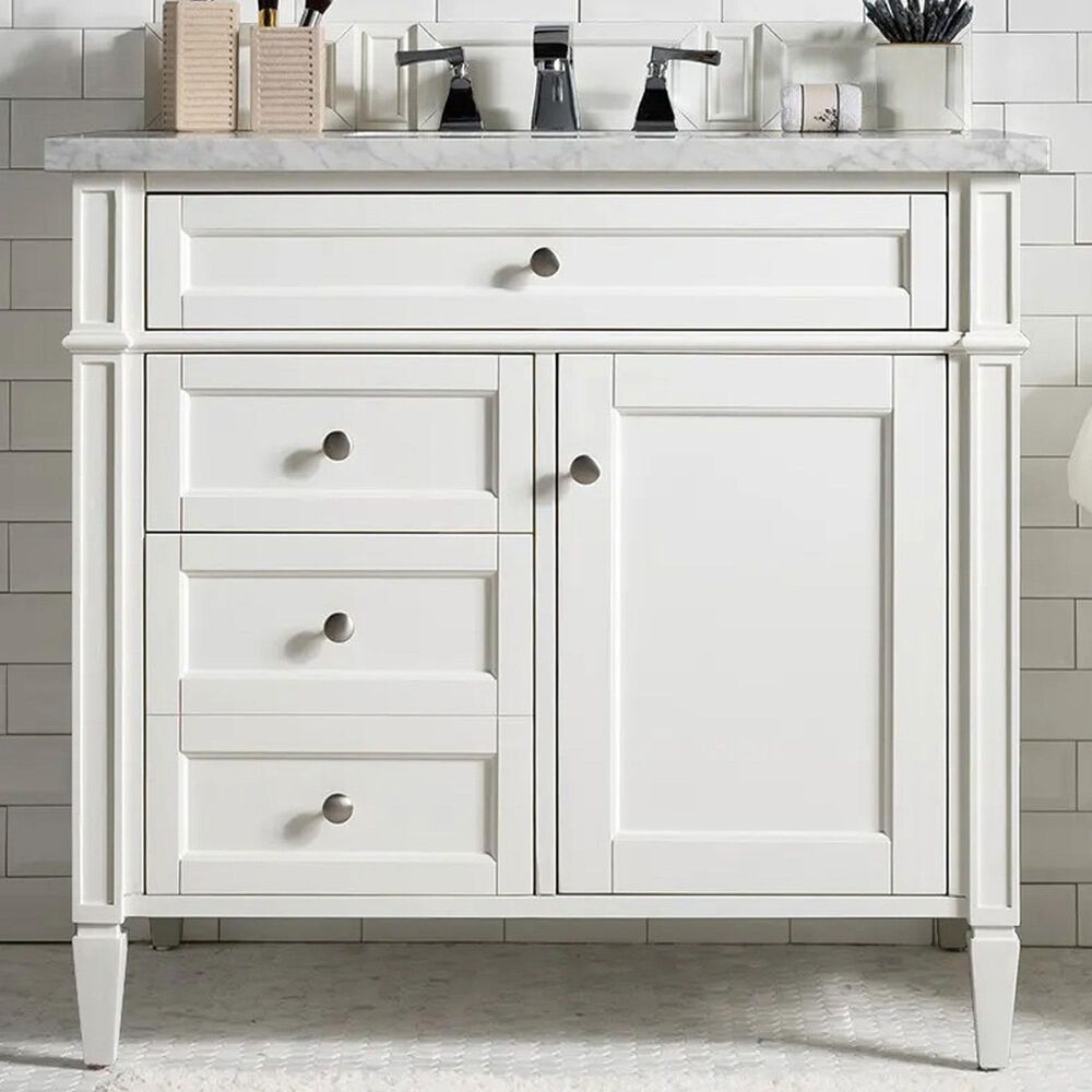 James Martin Vanities Brittany 36&quot; Single Bathroom Vanity in Bright White with 3 cm Carrara White Marble Top and Rectangle Sink, , large