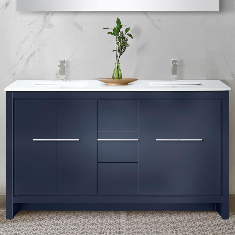 Lexora Home Lafarre 60&quot; Double Bathroom Vanity in Navy Blue with 2 cm White Cultured Marble Top and Rectangular Sinks, , large