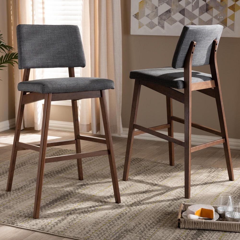 Baxton Studio Colton Bar Stool with Dark Gray Cushion in Walnut Brown (Set of 2), , large