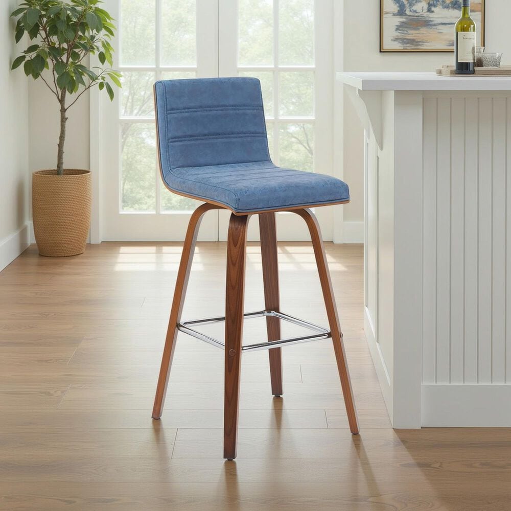 Armen Living Vienna Swivel Bar Height Stool with Vintage Blue Upholstery in Walnut, , large