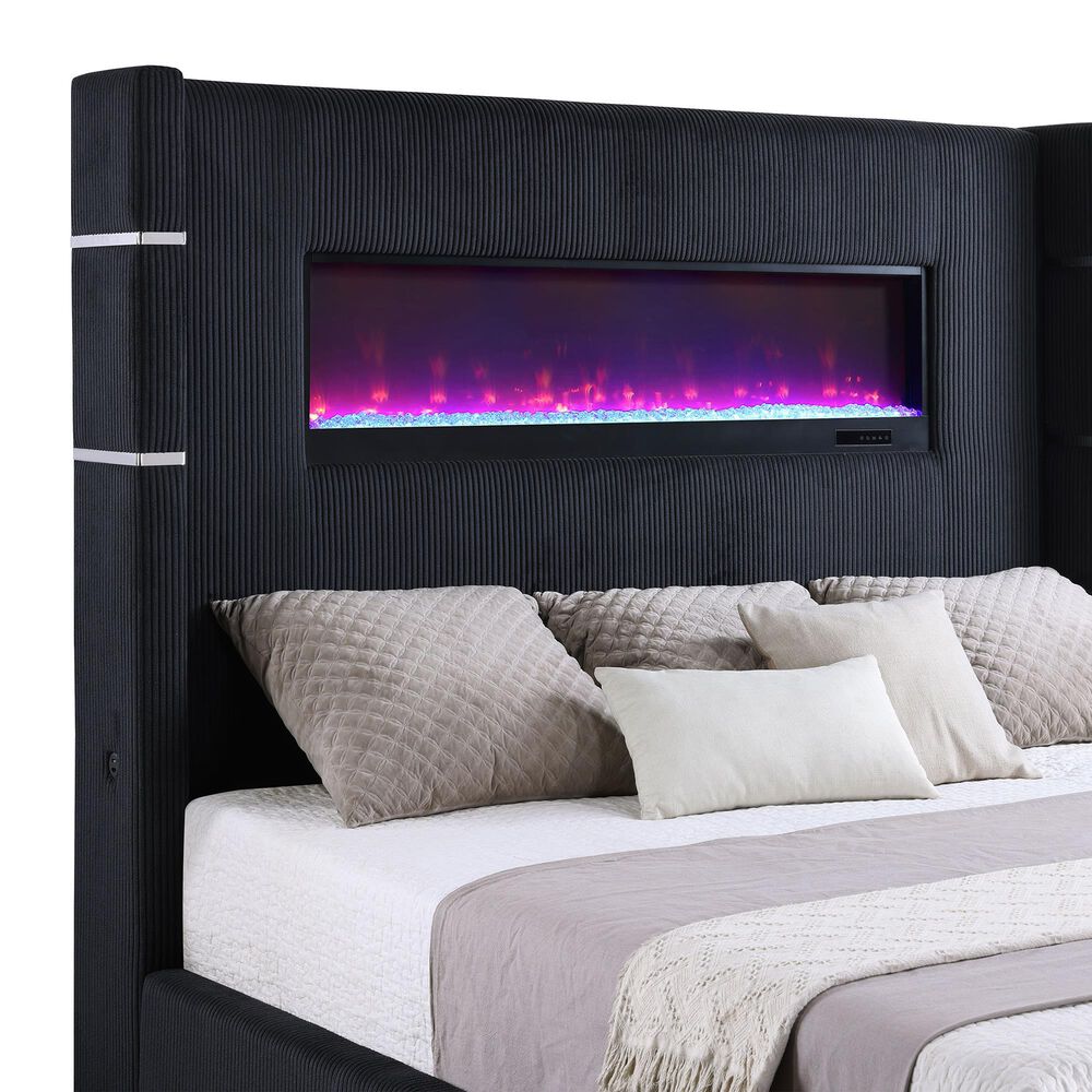 Coaster Tisdall Queen Upholstered Fireplace Bed in Black, , large