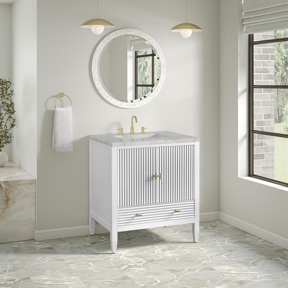 James Martin Myrrin 30" Single Bathroom Vanity in Bright White with 3 cm Victorian Silver Silestone Top and Rectangular Sink, , large
